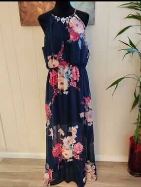 Crystal Doll Blue Navy Floral Maxi Dress With Jeweled Neck Size XXL